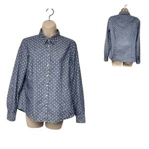 Talbots Chambray Shirt Blue White Polka Dots Roll Tab Long Sleeve Button Up 10